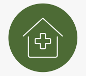 Green circle with outline of home and care insignia in white inside