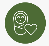Green circle with white outline of swaddled baby next to heart inside