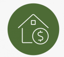 Green circle with white outline of house and dollar sign inside