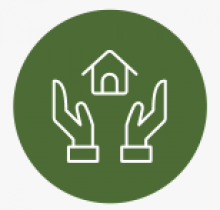 Green circle with white outline of house being held up by outline of white hands inside