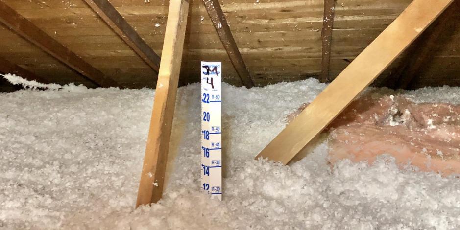Crawl Space Insulation with yard stick measuring amount of insulation