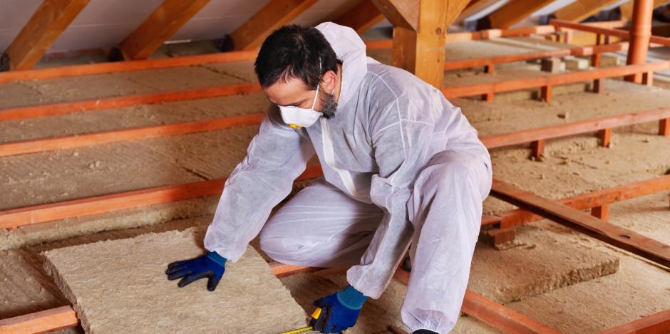Worker moving insulation Worker with insulation